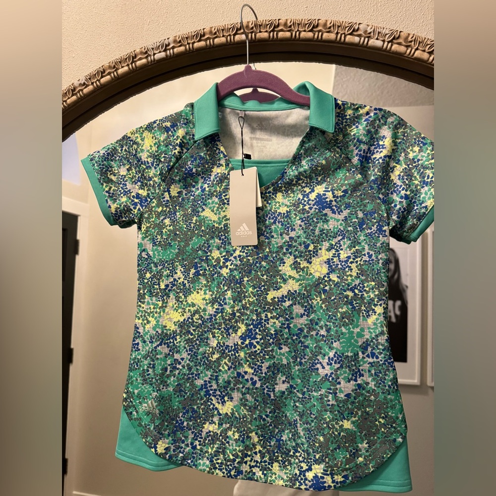 Adidas Green and Blue Polo Shirt with Abstract Pattern